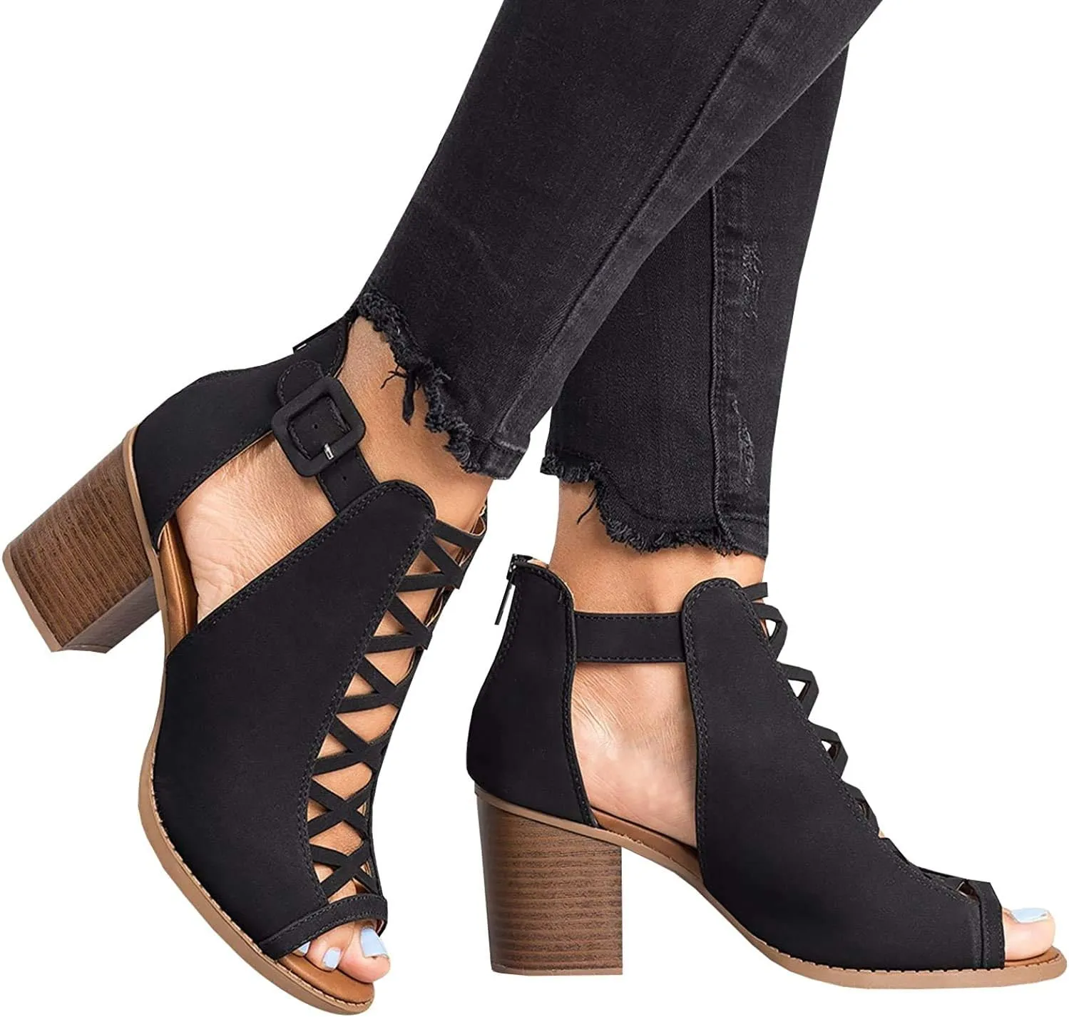 Liyuandian Womens Chunky Heel Open Toe Ankle Strap Zipper Back High Heel Sandals