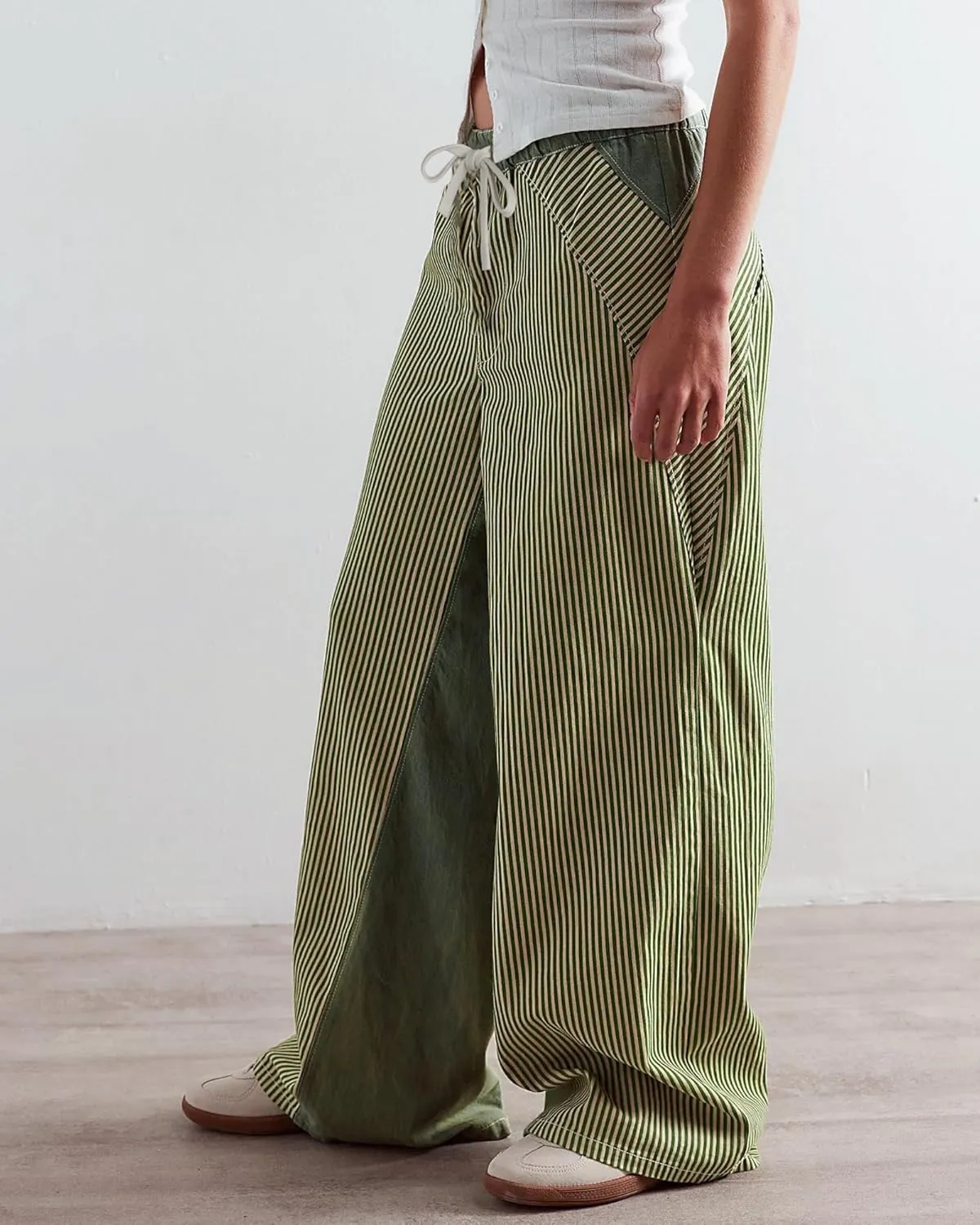 Low Rise Striped Pants for Women Pull On Drawstring Boho Wide Leg Jeans Trendy 2025
