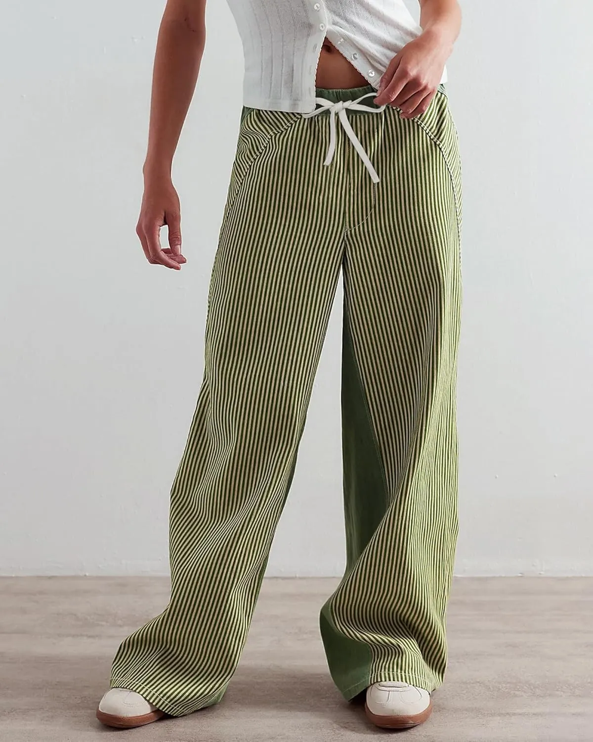 Low Rise Striped Pants for Women Pull On Drawstring Boho Wide Leg Jeans Trendy 2025