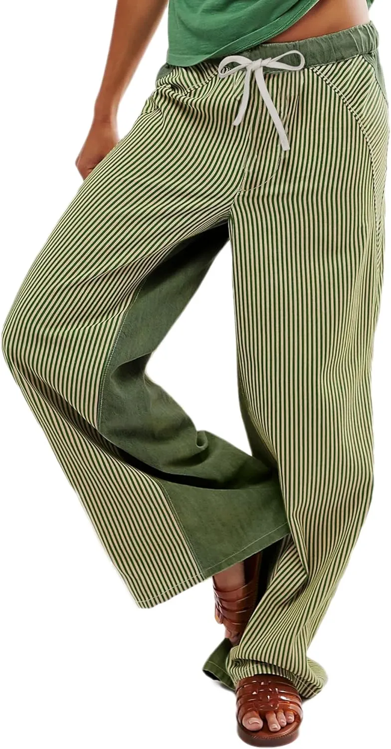 Low Rise Striped Pants for Women Pull On Drawstring Boho Wide Leg Jeans Trendy 2025