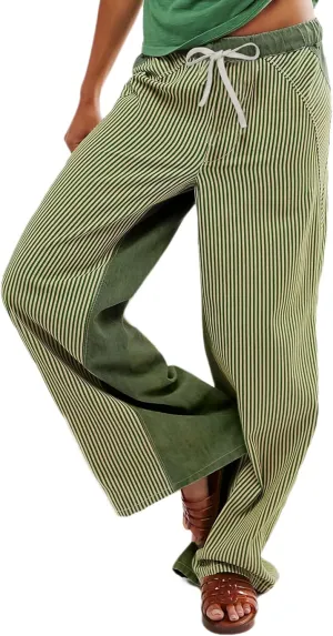 Low Rise Striped Pants for Women Pull On Drawstring Boho Wide Leg Jeans Trendy 2025