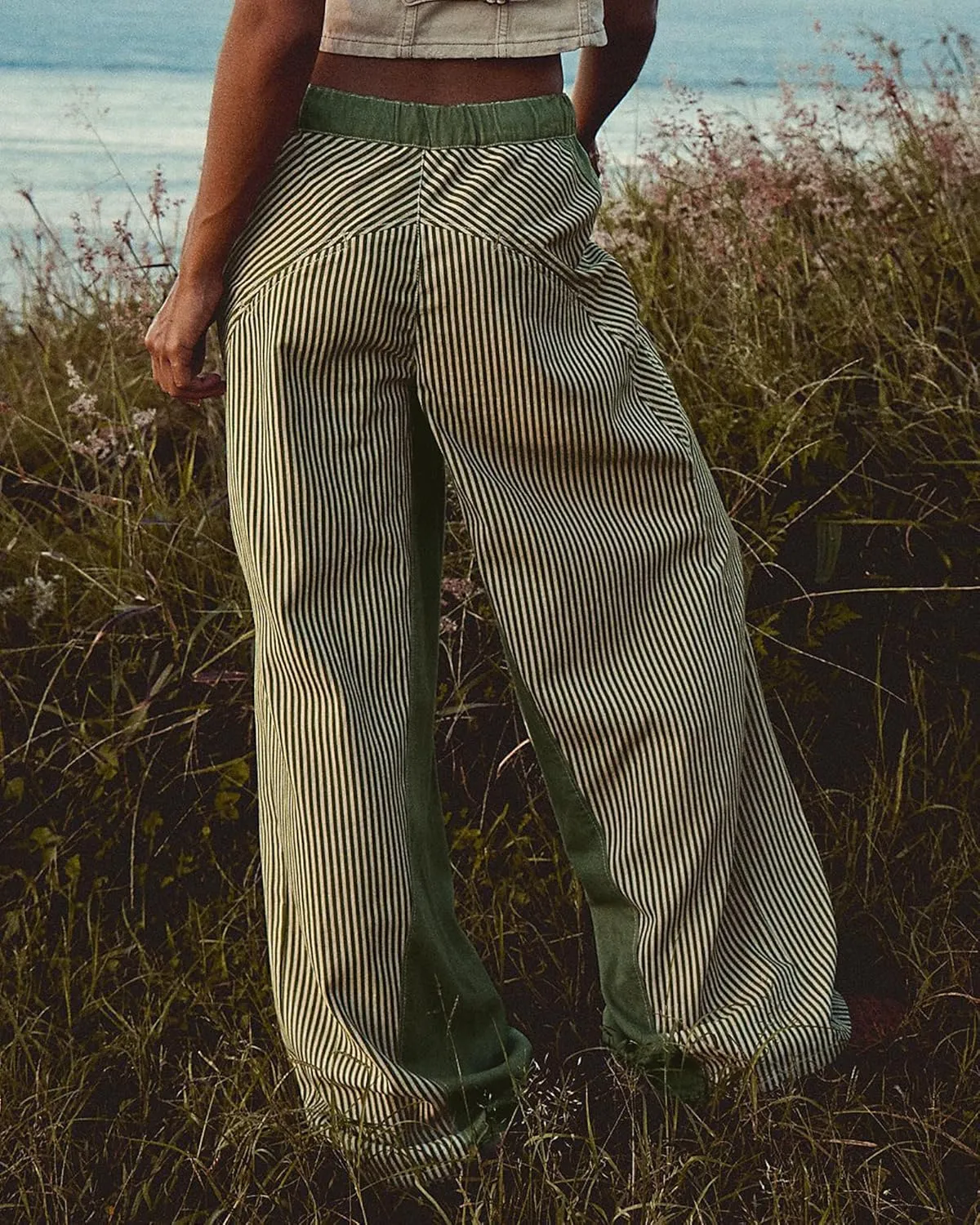 Low Rise Striped Pants for Women Pull On Drawstring Boho Wide Leg Jeans Trendy 2025