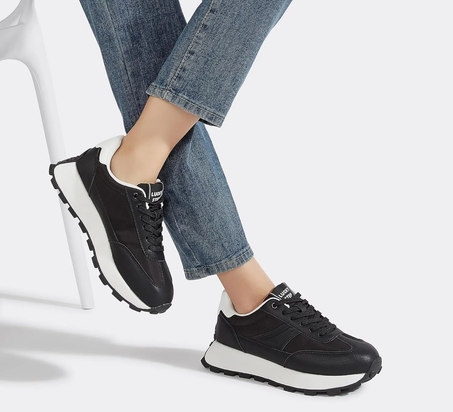LUCKY STEP Women's Platform Retro Sneakers Classic Trainers Casual Footwear Tennis Running Chunky Lace-up Stylish Walking Shoes