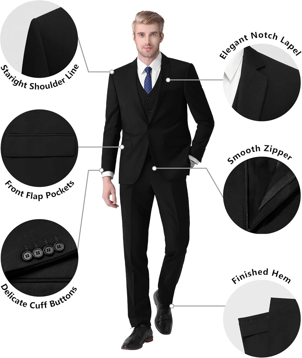 LUPURTY Suits for Men, 3 Piece Men's Suit Slim Fit, Solid Jacket Vest Pants with Tie, One Button Tuxedo Set