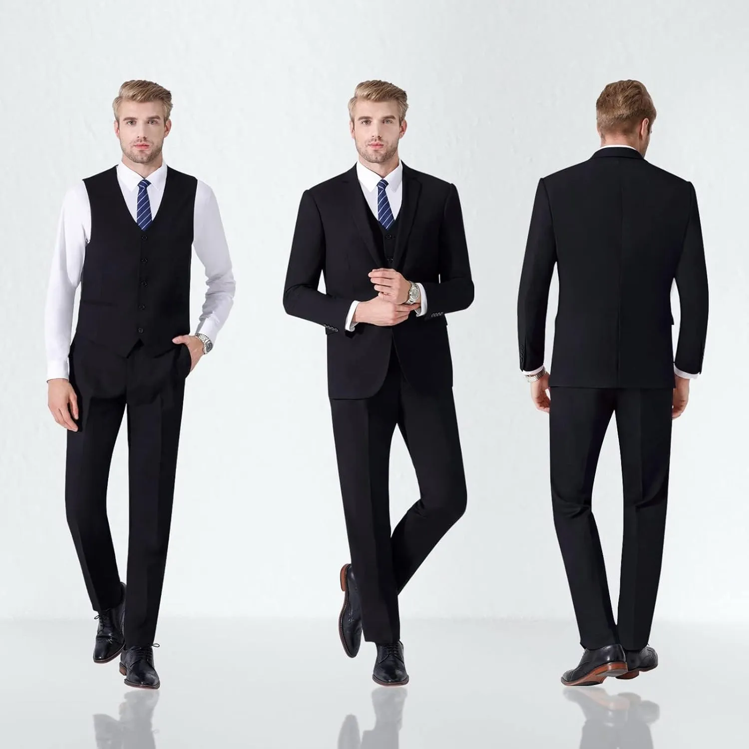 LUPURTY Suits for Men, 3 Piece Men's Suit Slim Fit, Solid Jacket Vest Pants with Tie, One Button Tuxedo Set