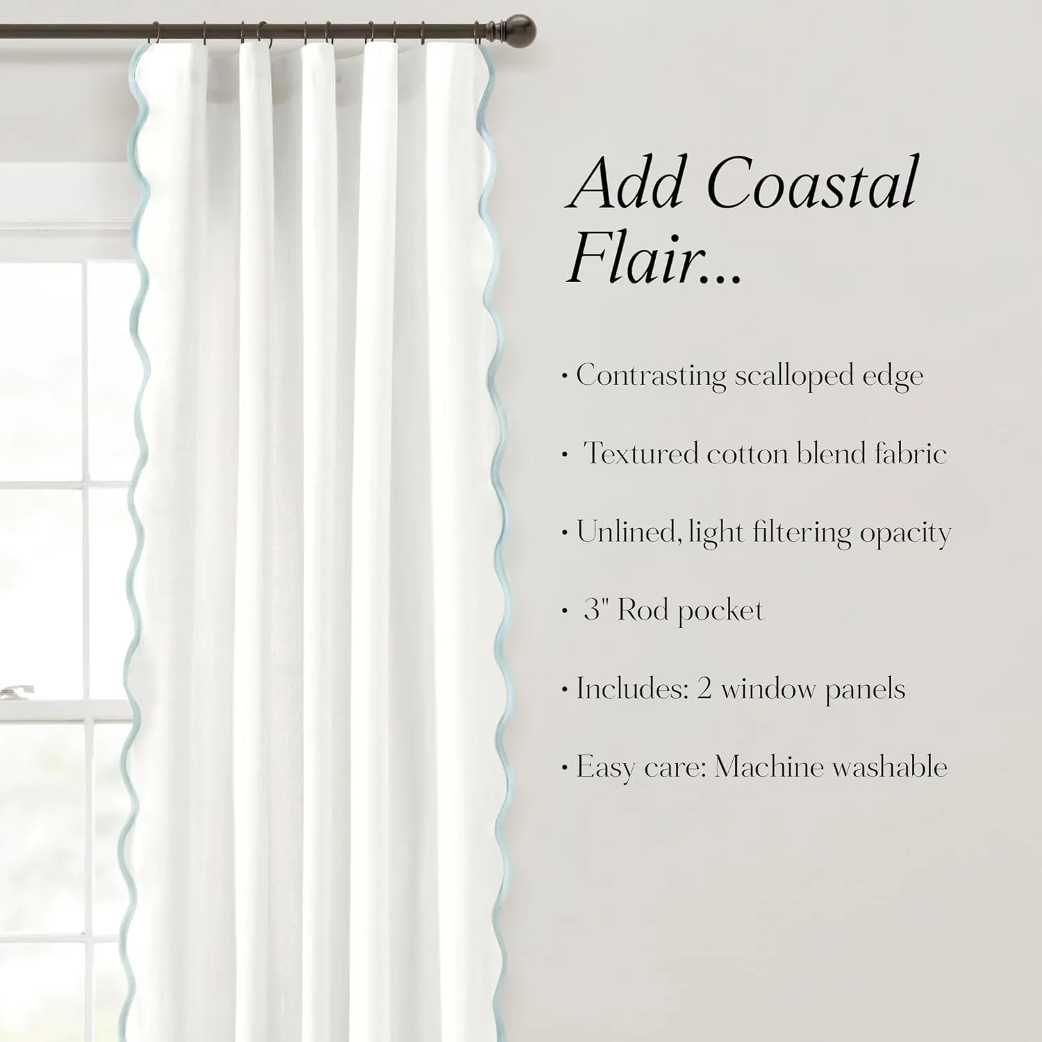 Lush Decor Coastal Chic Scallop Edge Window Curtain Panel Pair, 52" W x 84" L, Blue & White