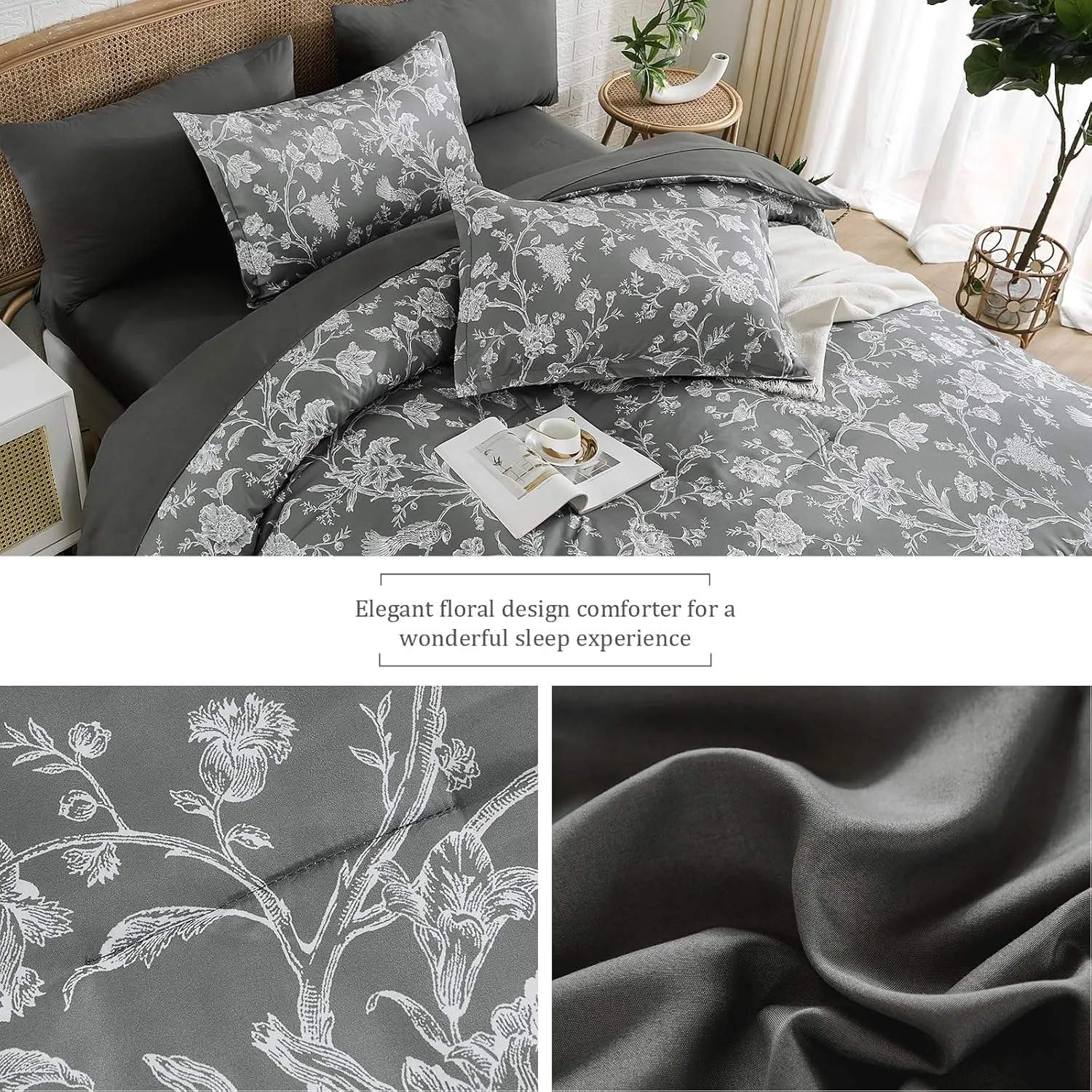 Luxudecor Floral Queen Comforter Set 7 Pieces Bed in a Bag, Grey Flower with Bird Bedding Set, Soft Reversible Comforter with Sheet Set 90"x90"