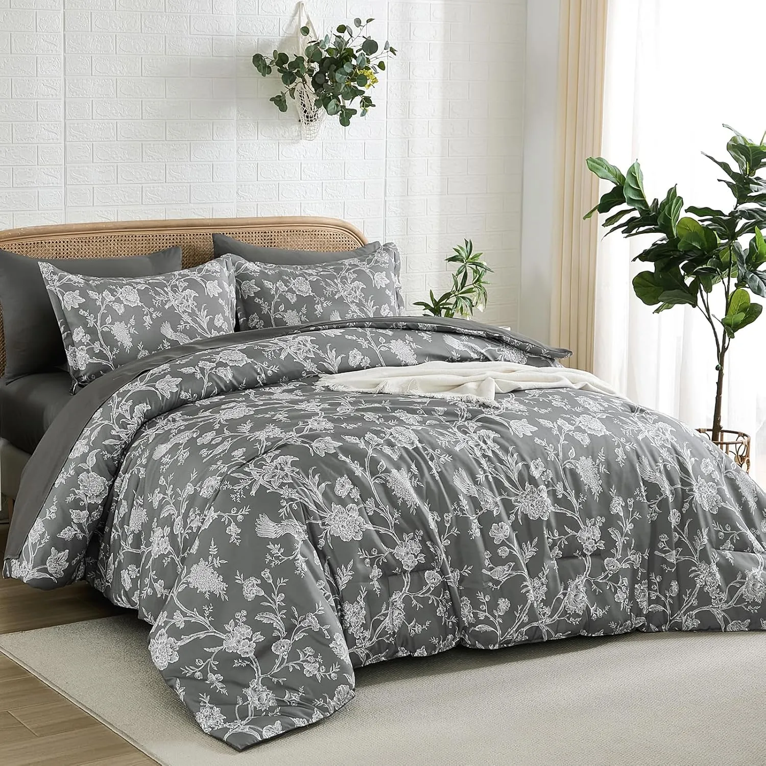 Luxudecor Floral Queen Comforter Set 7 Pieces Bed in a Bag, Grey Flower with Bird Bedding Set, Soft Reversible Comforter with Sheet Set 90"x90"
