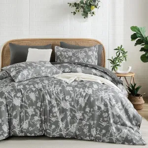 Luxudecor Floral Queen Comforter Set 7 Pieces Bed in a Bag, Grey Flower with Bird Bedding Set, Soft Reversible Comforter with Sheet Set 90"x90"