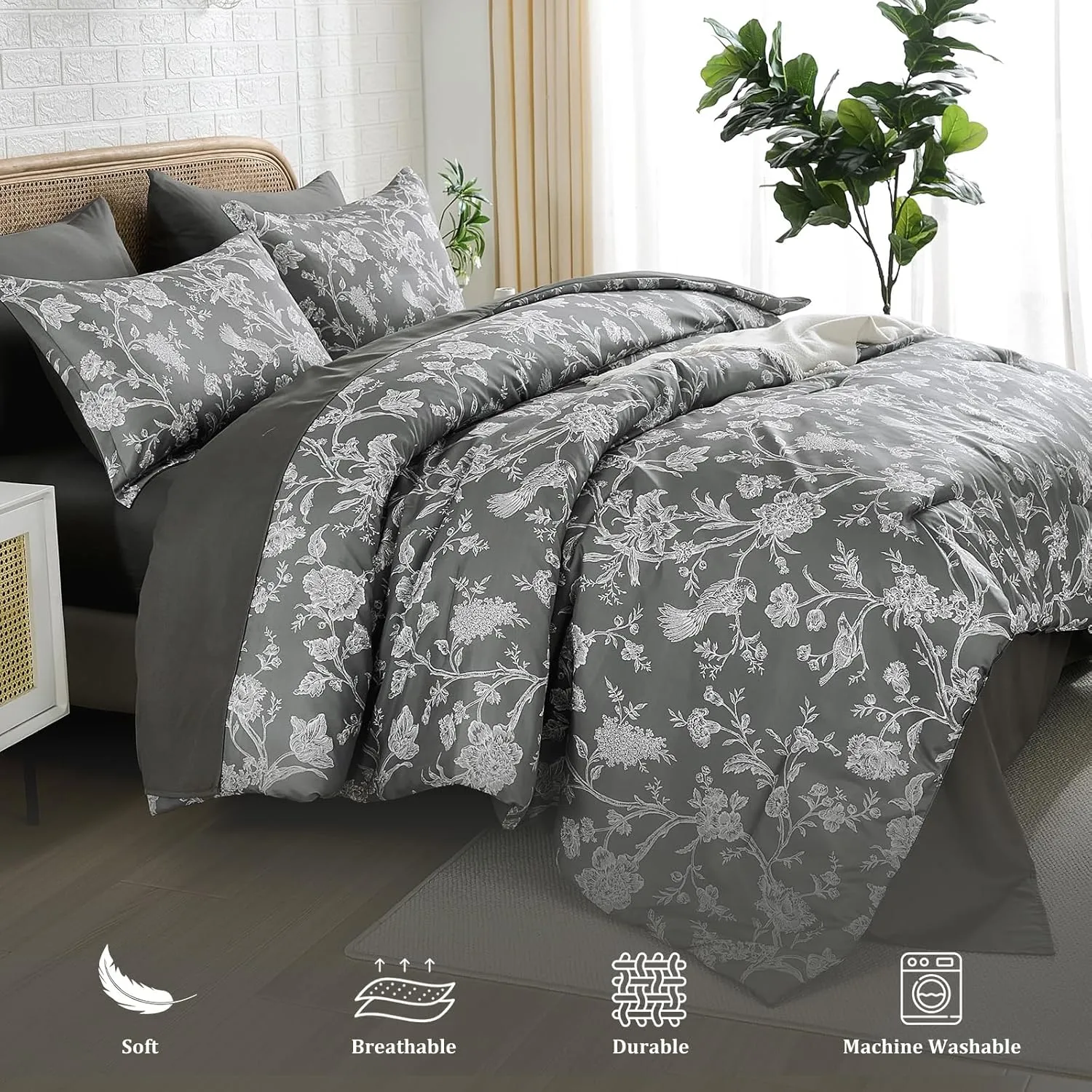 Luxudecor Floral Queen Comforter Set 7 Pieces Bed in a Bag, Grey Flower with Bird Bedding Set, Soft Reversible Comforter with Sheet Set 90"x90"