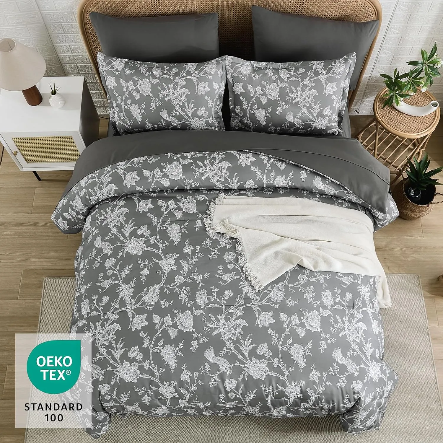 Luxudecor Floral Queen Comforter Set 7 Pieces Bed in a Bag, Grey Flower with Bird Bedding Set, Soft Reversible Comforter with Sheet Set 90"x90"