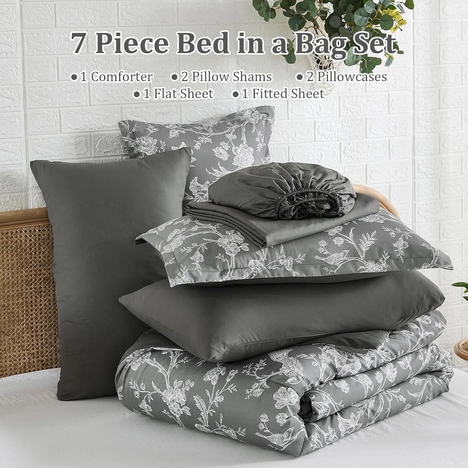 Luxudecor Floral Queen Comforter Set 7 Pieces Bed in a Bag, Grey Flower with Bird Bedding Set, Soft Reversible Comforter with Sheet Set 90"x90"