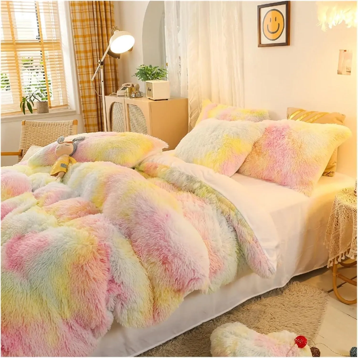 Luxury 4-Pcs Super Shaggy Soft Coral Fleece Warm Cozy Princess Girls Bedding Set Mink Velvet Quilt Cover Comforter Set Blanket,Pillowcase Sheet Set 4 Pieces ui(B,Twin)