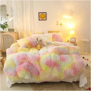 Luxury 4-Pcs Super Shaggy Soft Coral Fleece Warm Cozy Princess Girls Bedding Set Mink Velvet Quilt Cover Comforter Set Blanket,Pillowcase Sheet Set 4 Pieces ui(B,Twin)