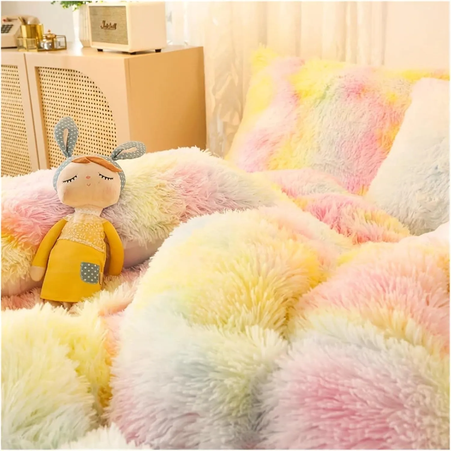 Luxury 4-Pcs Super Shaggy Soft Coral Fleece Warm Cozy Princess Girls Bedding Set Mink Velvet Quilt Cover Comforter Set Blanket,Pillowcase Sheet Set 4 Pieces ui(B,Twin)