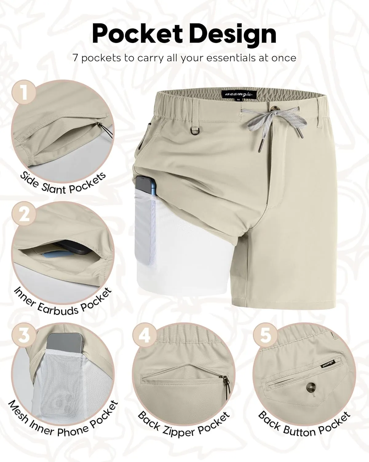 maamgic Mens Casual Shorts with Compression Liner 5/7 Inch Classic Fit Khaki Shorts