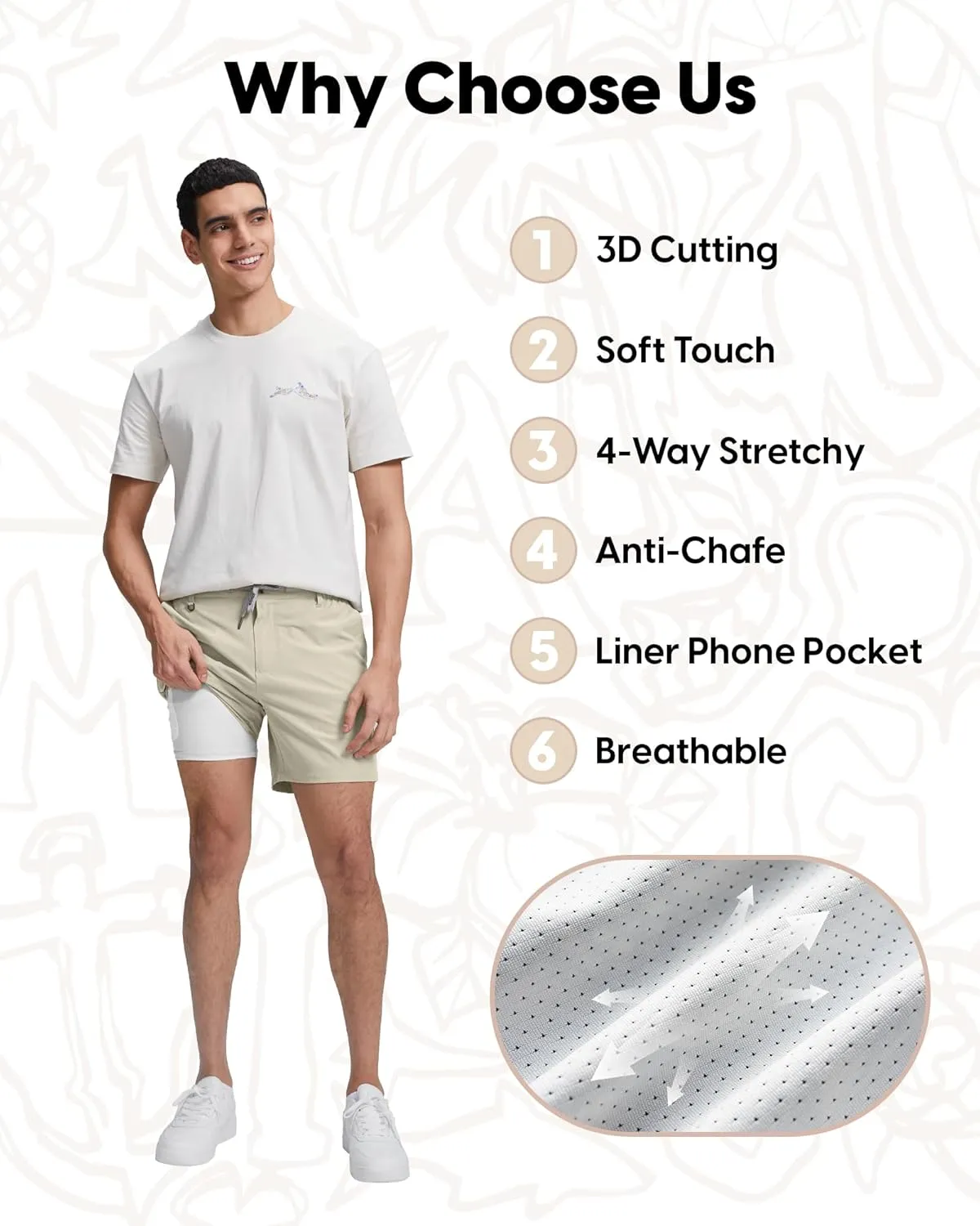 maamgic Mens Casual Shorts with Compression Liner 5/7 Inch Classic Fit Khaki Shorts