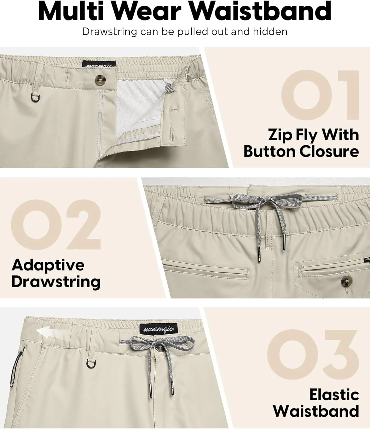 maamgic Mens Casual Shorts with Compression Liner 5/7 Inch Classic Fit Khaki Shorts