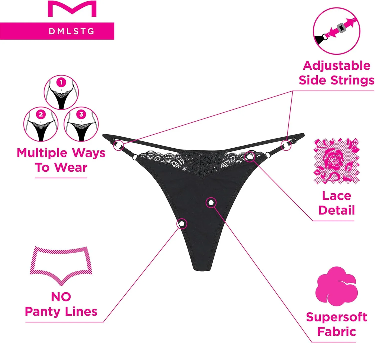Maidenform Women's M Adjustable String Thong Underwear, No show Panties, Multi-way Straps, 3 pack