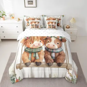 Manfei 7 Pieces Cartoon Cattle Comforter Set Twin Size, Cute Farm Animal Bedding Set for Kids Boy Girls, Grey Wooden Plank Bed in a Bag with Comforter, Fitted Sheet, Flat Sheet and Pillow Cases