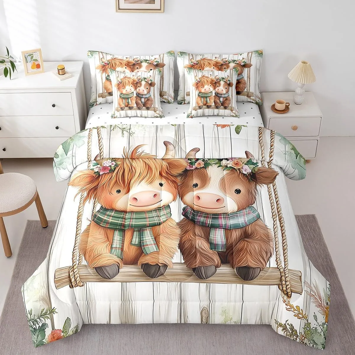 Manfei 7 Pieces Cartoon Cattle Comforter Set Twin Size, Cute Farm Animal Bedding Set for Kids Boy Girls, Grey Wooden Plank Bed in a Bag with Comforter, Fitted Sheet, Flat Sheet and Pillow Cases
