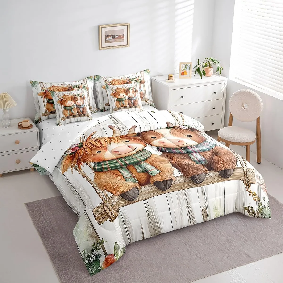 Manfei 7 Pieces Cartoon Cattle Comforter Set Twin Size, Cute Farm Animal Bedding Set for Kids Boy Girls, Grey Wooden Plank Bed in a Bag with Comforter, Fitted Sheet, Flat Sheet and Pillow Cases