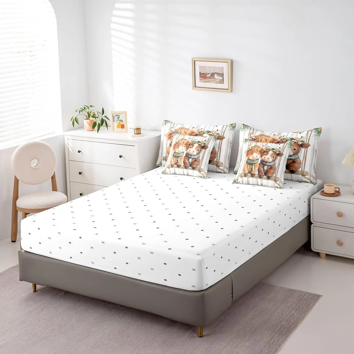 Manfei 7 Pieces Cartoon Cattle Comforter Set Twin Size, Cute Farm Animal Bedding Set for Kids Boy Girls, Grey Wooden Plank Bed in a Bag with Comforter, Fitted Sheet, Flat Sheet and Pillow Cases