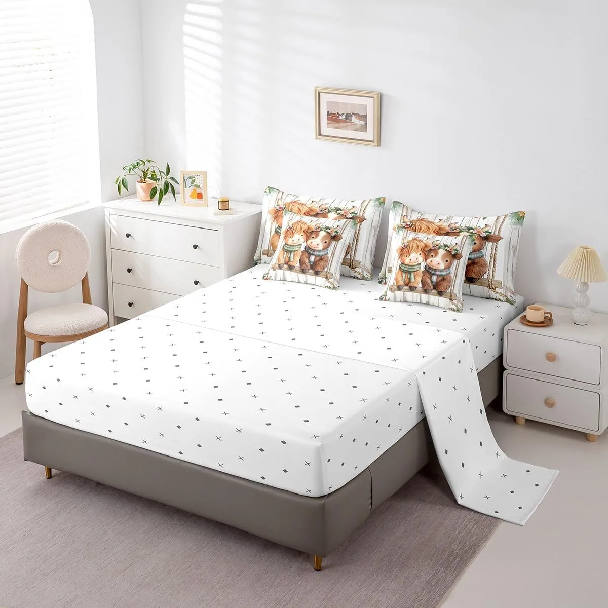 Manfei 7 Pieces Cartoon Cattle Comforter Set Twin Size, Cute Farm Animal Bedding Set for Kids Boy Girls, Grey Wooden Plank Bed in a Bag with Comforter, Fitted Sheet, Flat Sheet and Pillow Cases