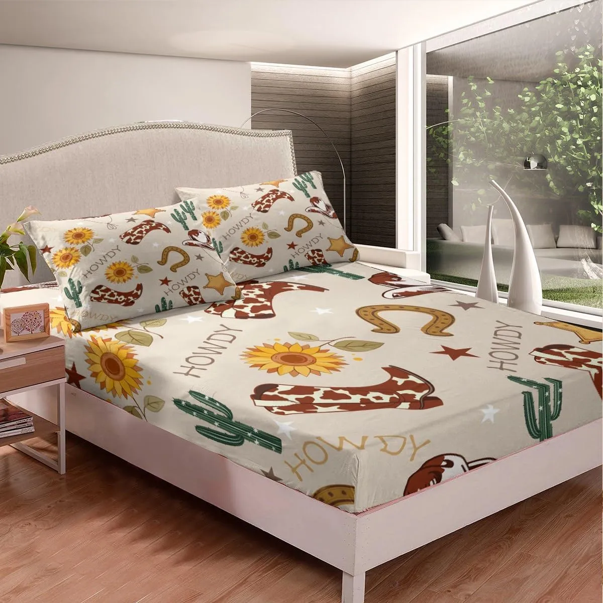 Manfei Cowboy Fitted Sheet Set with 2 Pillowcase,Western Boots Hats Texas Star Horseshoe Tribal Bed Sheet,Rustic Cowhide Desert Cactus Sunflower Beige Top Flat Sheet Luxury Microfiber,Queen Size
