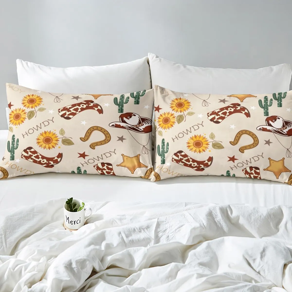 Manfei Cowboy Fitted Sheet Set with 2 Pillowcase,Western Boots Hats Texas Star Horseshoe Tribal Bed Sheet,Rustic Cowhide Desert Cactus Sunflower Beige Top Flat Sheet Luxury Microfiber,Queen Size