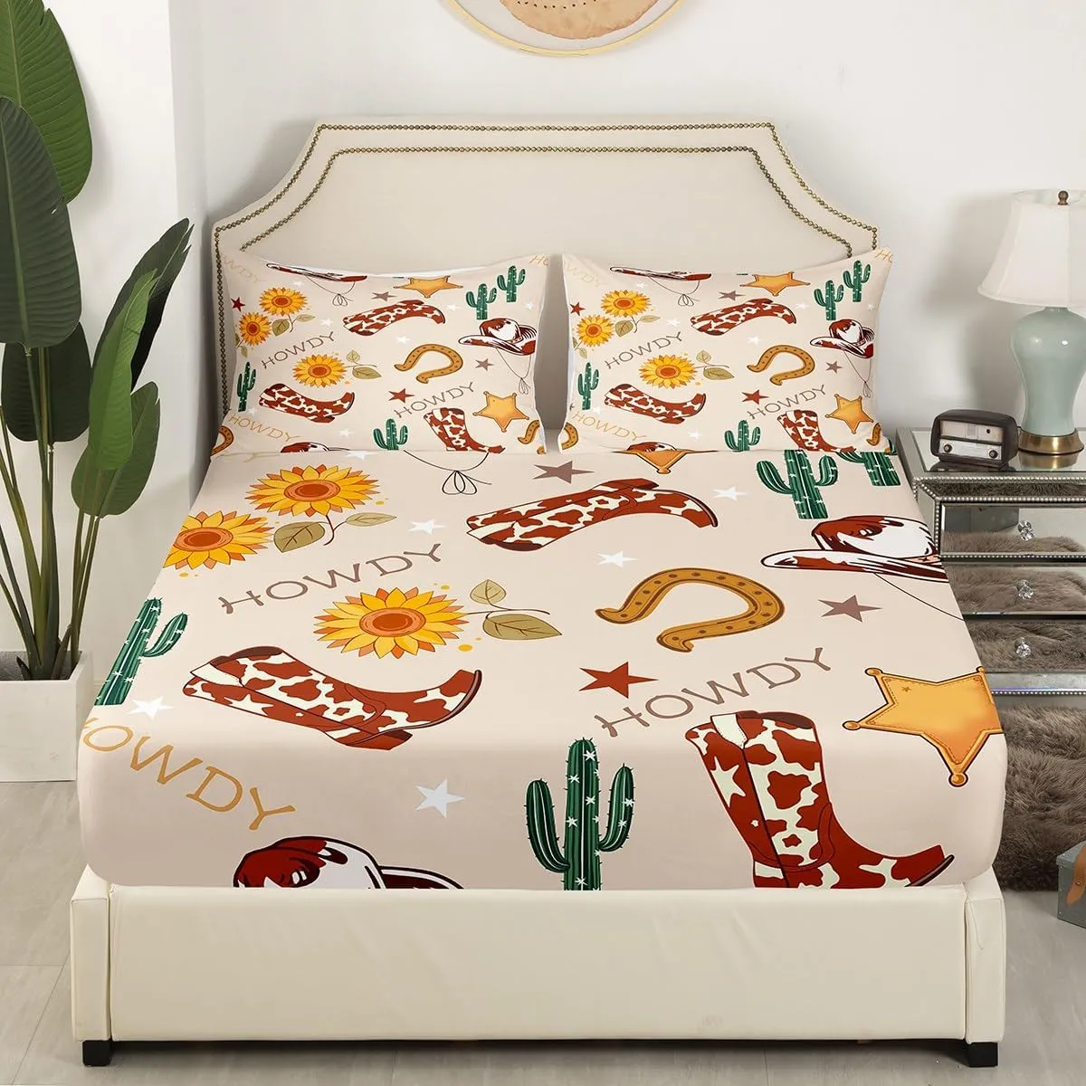 Manfei Cowboy Fitted Sheet Set with 2 Pillowcase,Western Boots Hats Texas Star Horseshoe Tribal Bed Sheet,Rustic Cowhide Desert Cactus Sunflower Beige Top Flat Sheet Luxury Microfiber,Queen Size