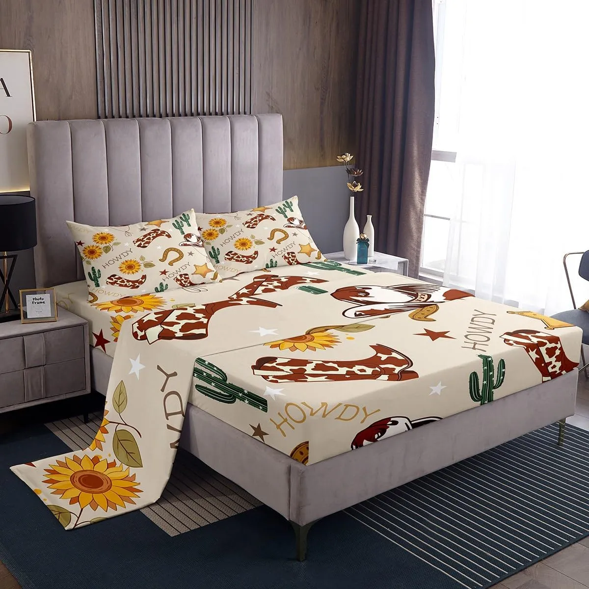 Manfei Cowboy Fitted Sheet Set with 2 Pillowcase,Western Boots Hats Texas Star Horseshoe Tribal Bed Sheet,Rustic Cowhide Desert Cactus Sunflower Beige Top Flat Sheet Luxury Microfiber,Queen Size