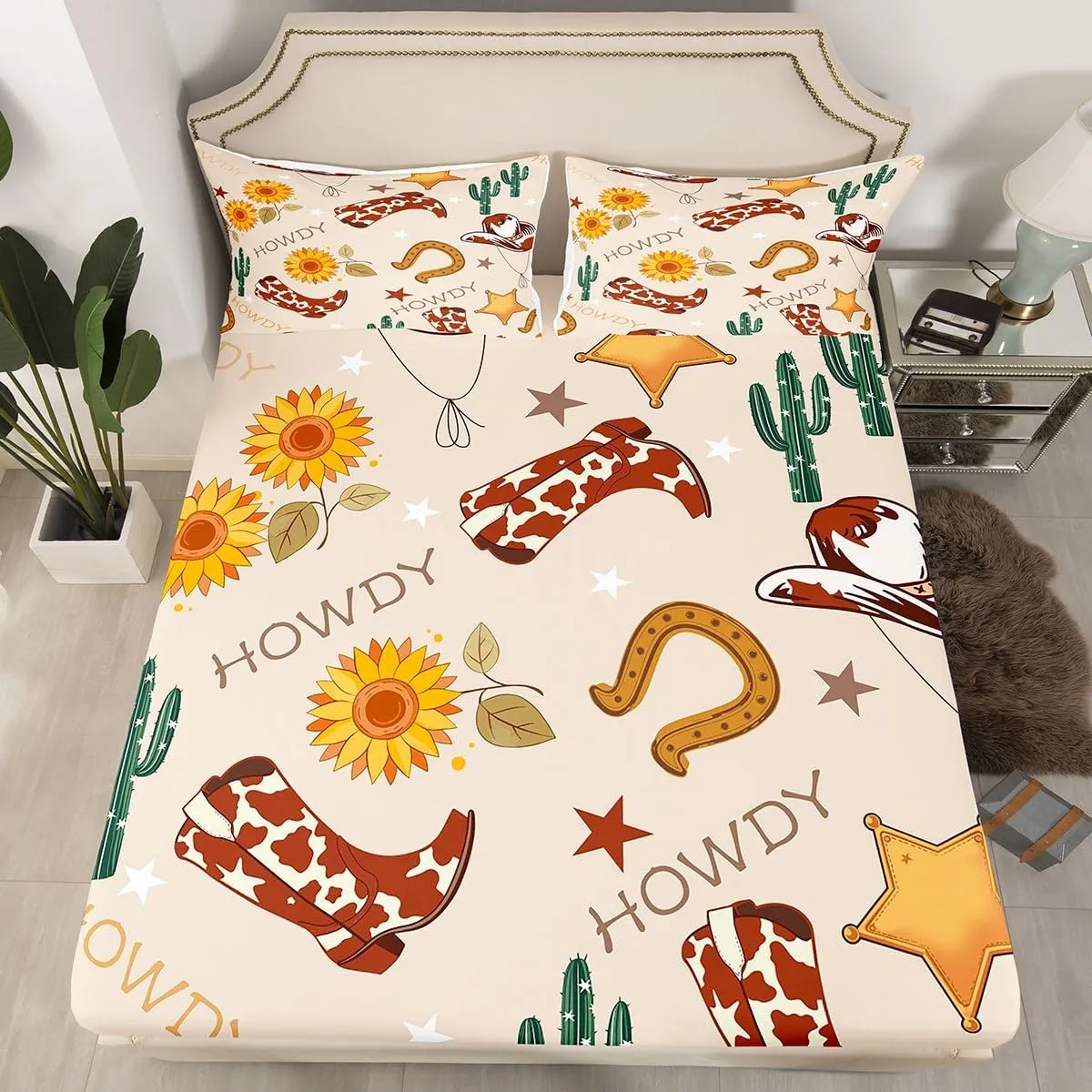 Manfei Cowboy Fitted Sheet Set with 2 Pillowcase,Western Boots Hats Texas Star Horseshoe Tribal Bed Sheet,Rustic Cowhide Desert Cactus Sunflower Beige Top Flat Sheet Luxury Microfiber,Queen Size