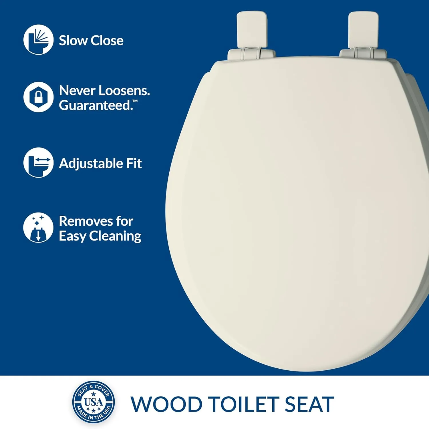 Mayfair Cassel Slow Close Toilet Seat, Easy Clean, Non Slip Premium Wood Seat, Easy Install, Made in USA, Round, Biscuit