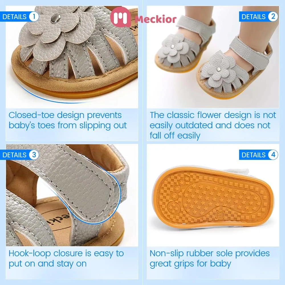 Meckior Baby Toddler Infant Girls PU Leather Soft Open Toe Summer Sandals Flower Princess Flat Shoes