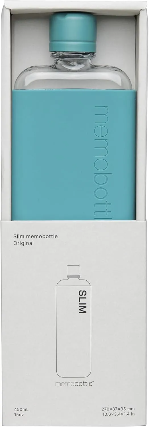 memobottle SLIM (Sea Mist) Bundle - 15oz (450ml) - Bottle, silicone sleeve & lid | Sleek, Slim & Flat Water Bottle for Bags & Laptops | BPA Free Tritan | Modern, Minimalist | Ideal for Daily Use