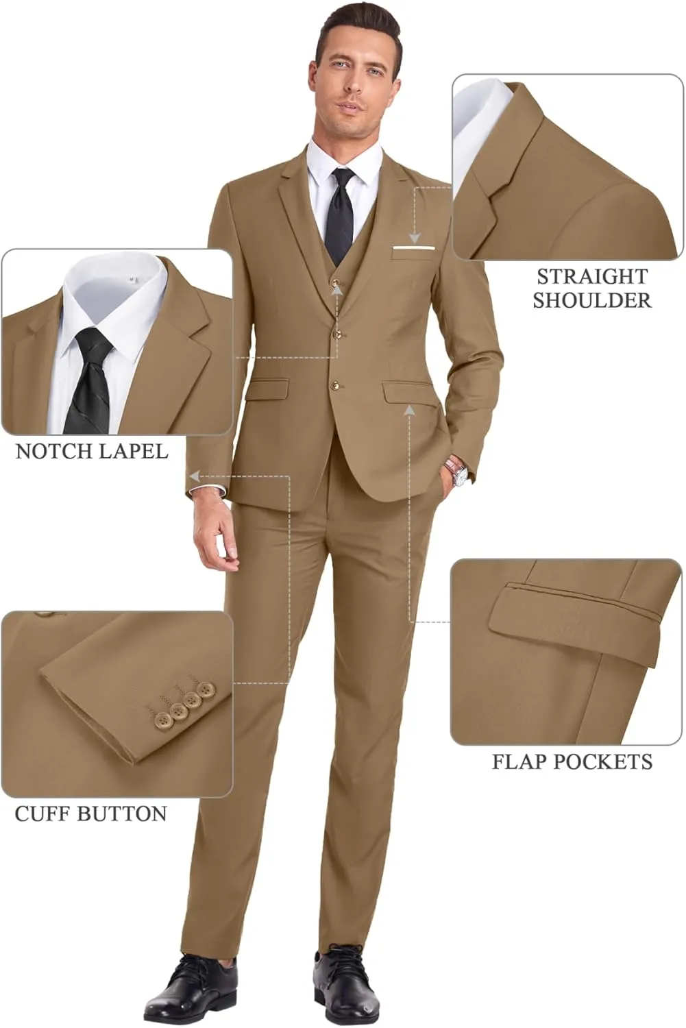 Men Suit 3 Pieces Slim Fit, Groomsmen Business Jacket Vest Pant with Tie 2 Buttons Prom Tuxedo Xs/3630