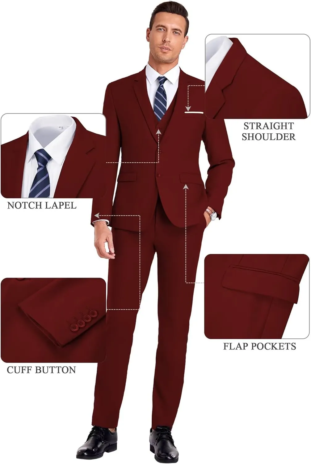 Men Suit 3 Pieces Slim Fit, Groomsmen Business Jacket Vest Pant with Tie 2 Buttons Prom Tuxedo Xs/3630