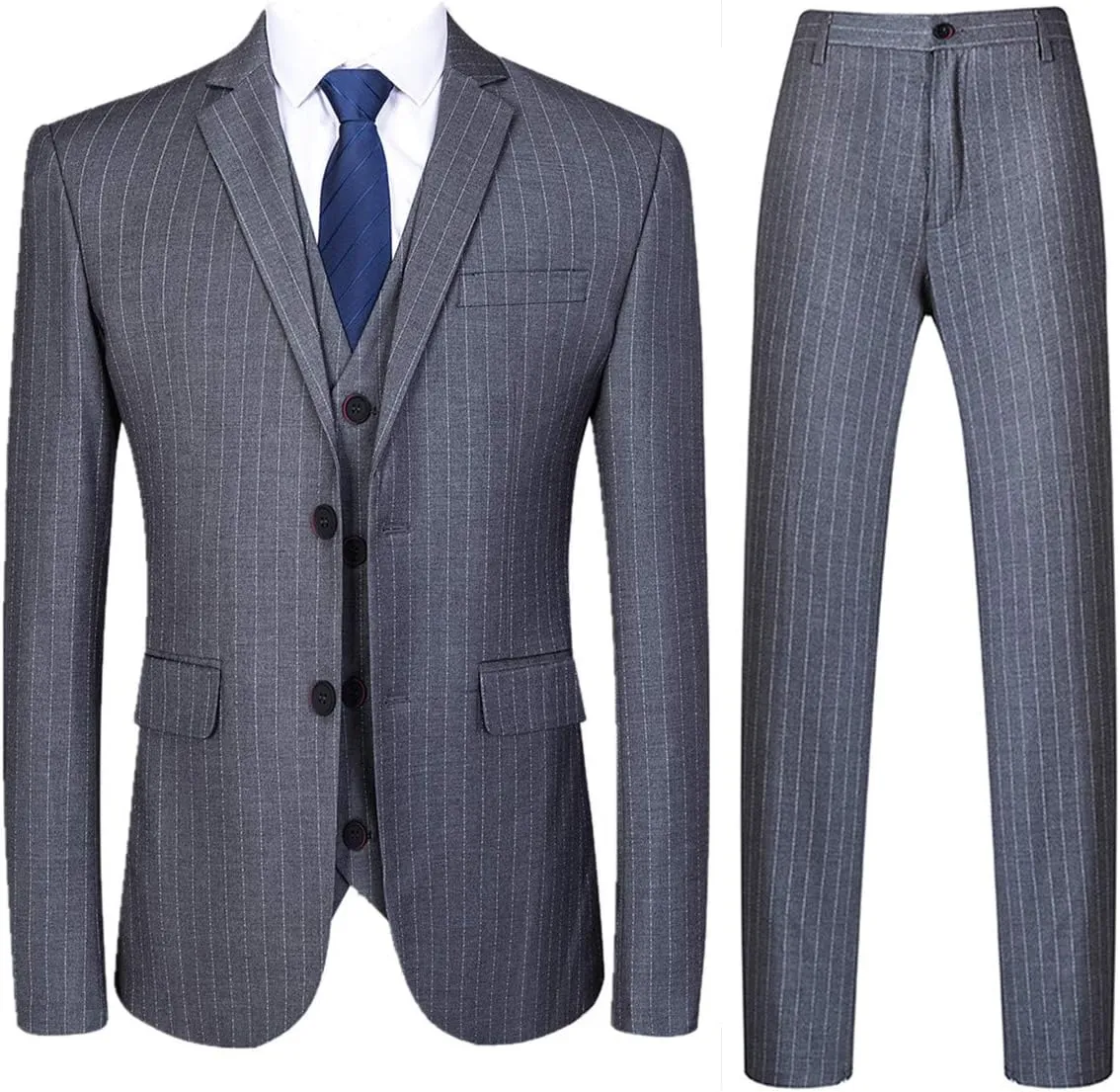 Mens 3 Piece Pinstripe Suit Slim Fit Casual Dress Suits Blazer   Vest   Pants