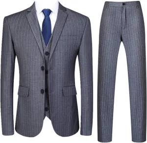Mens 3 Piece Pinstripe Suit Slim Fit Casual Dress Suits Blazer   Vest   Pants