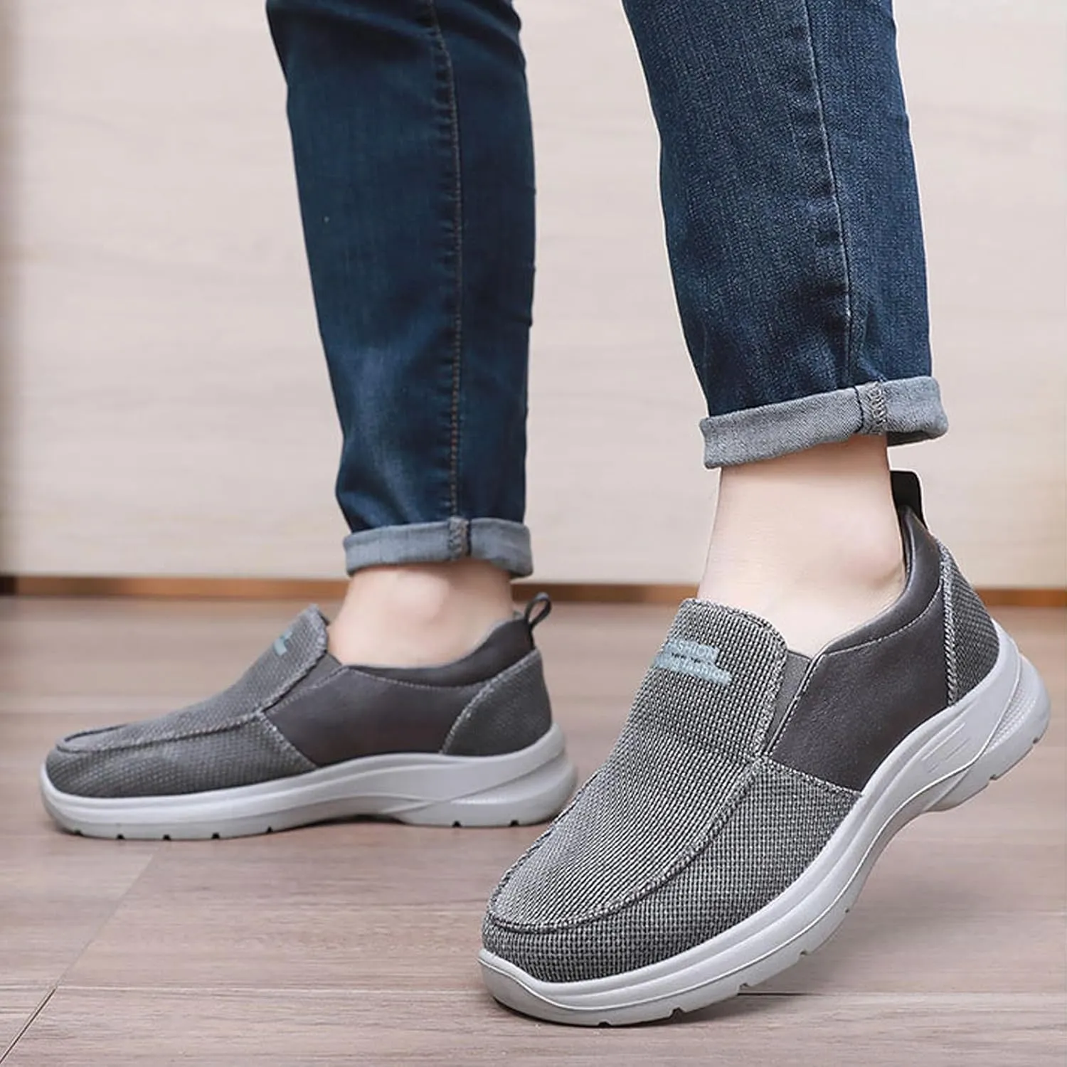 Mens Canvas Arch Support Walking Loafers Casual Lightweight Breathable Soft Sole Slip-on Orthopedic Hiking Sneakers Comfort Non-Slip Outdoor Casual Shoes