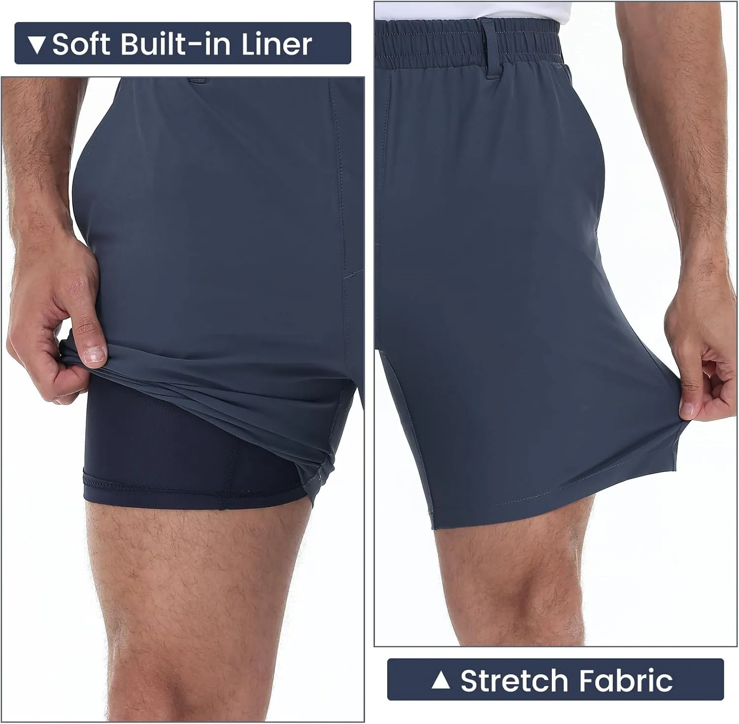 Mens Casual Khaki Golf Shorts 7 Inch Inseam Regular Fit Built-in Liner Stretch Elastic Waistband Zipper Pockets No Pill