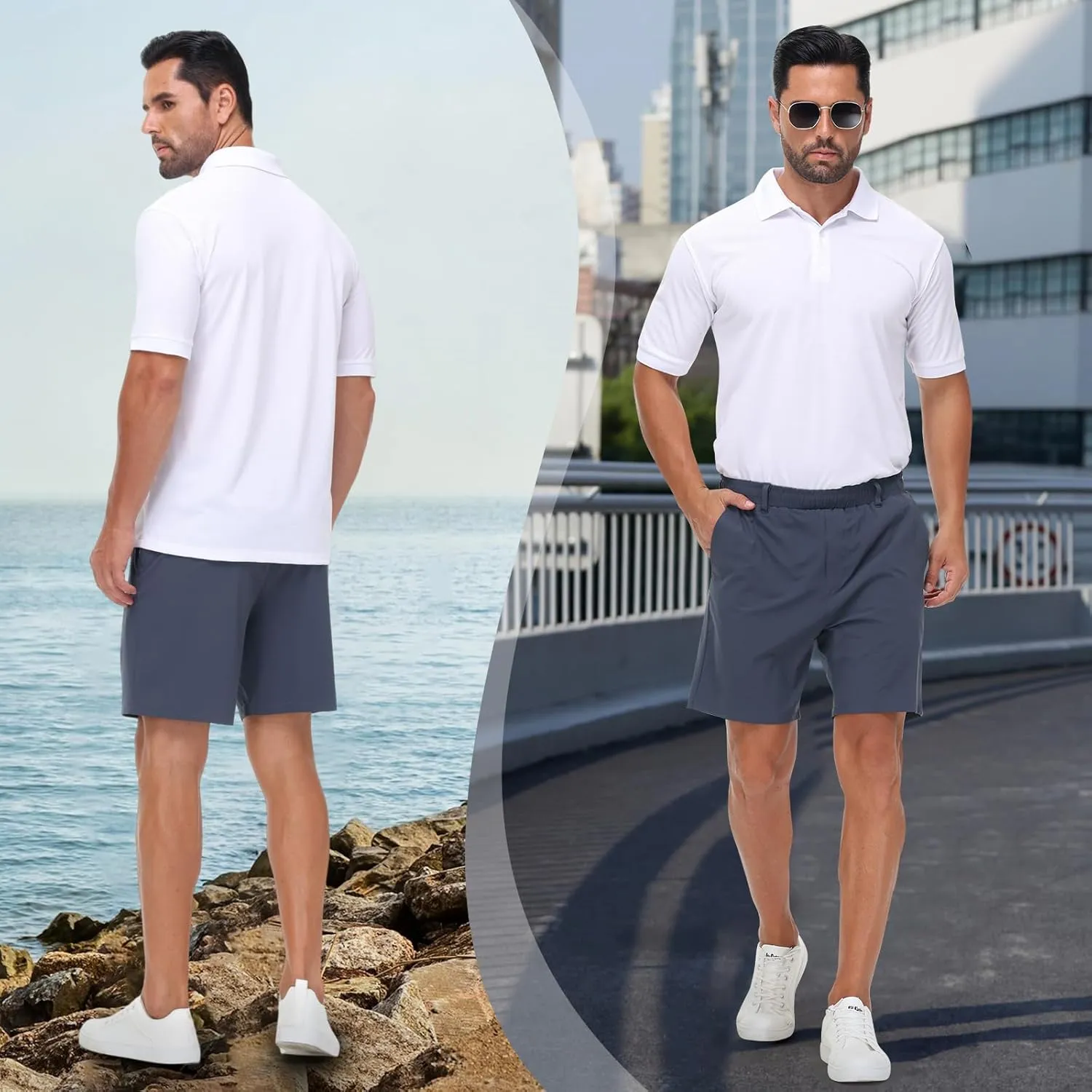 Mens Casual Khaki Golf Shorts 7 Inch Inseam Regular Fit Built-in Liner Stretch Elastic Waistband Zipper Pockets No Pill