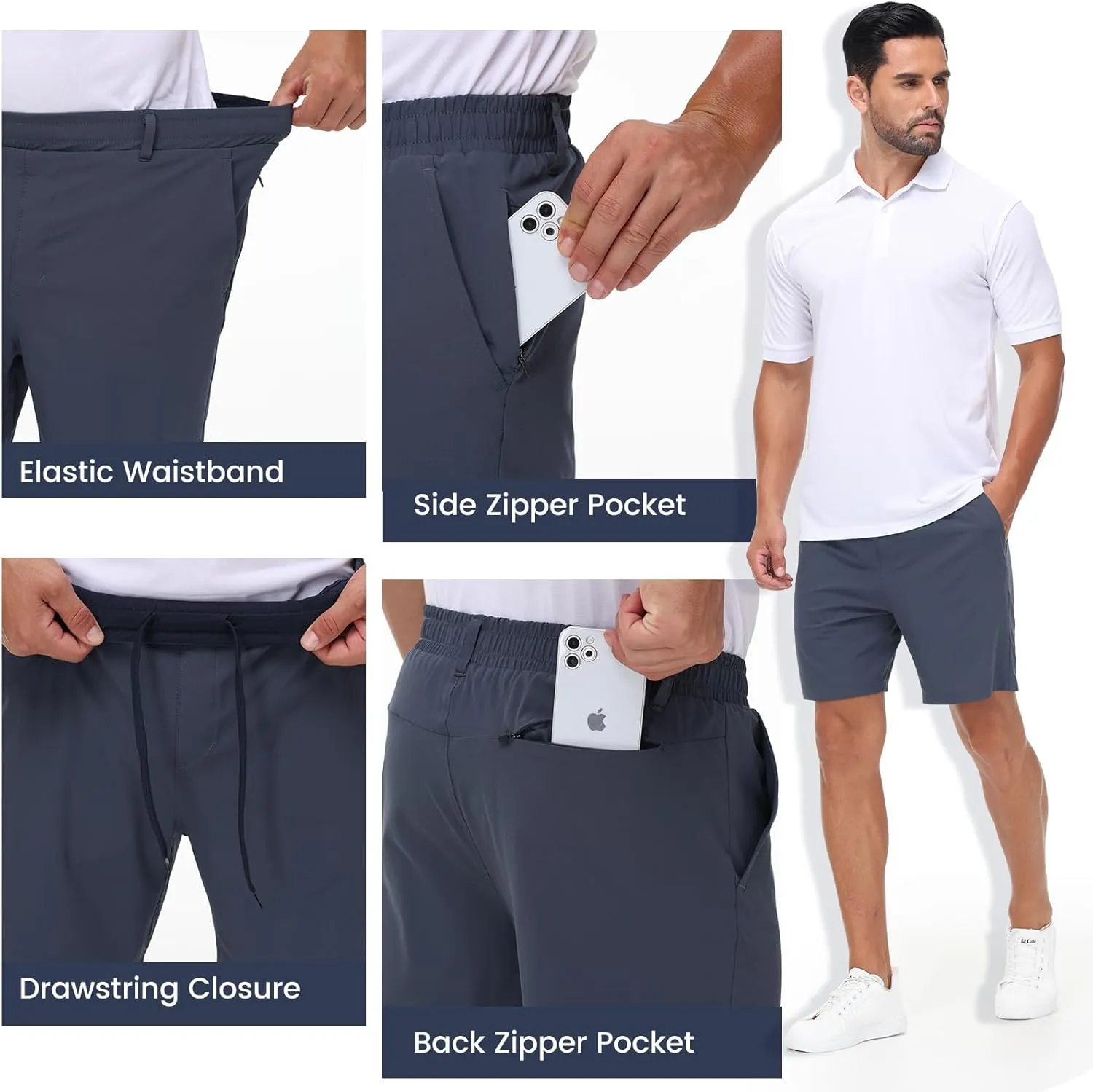 Mens Casual Khaki Golf Shorts 7 Inch Inseam Regular Fit Built-in Liner Stretch Elastic Waistband Zipper Pockets No Pill