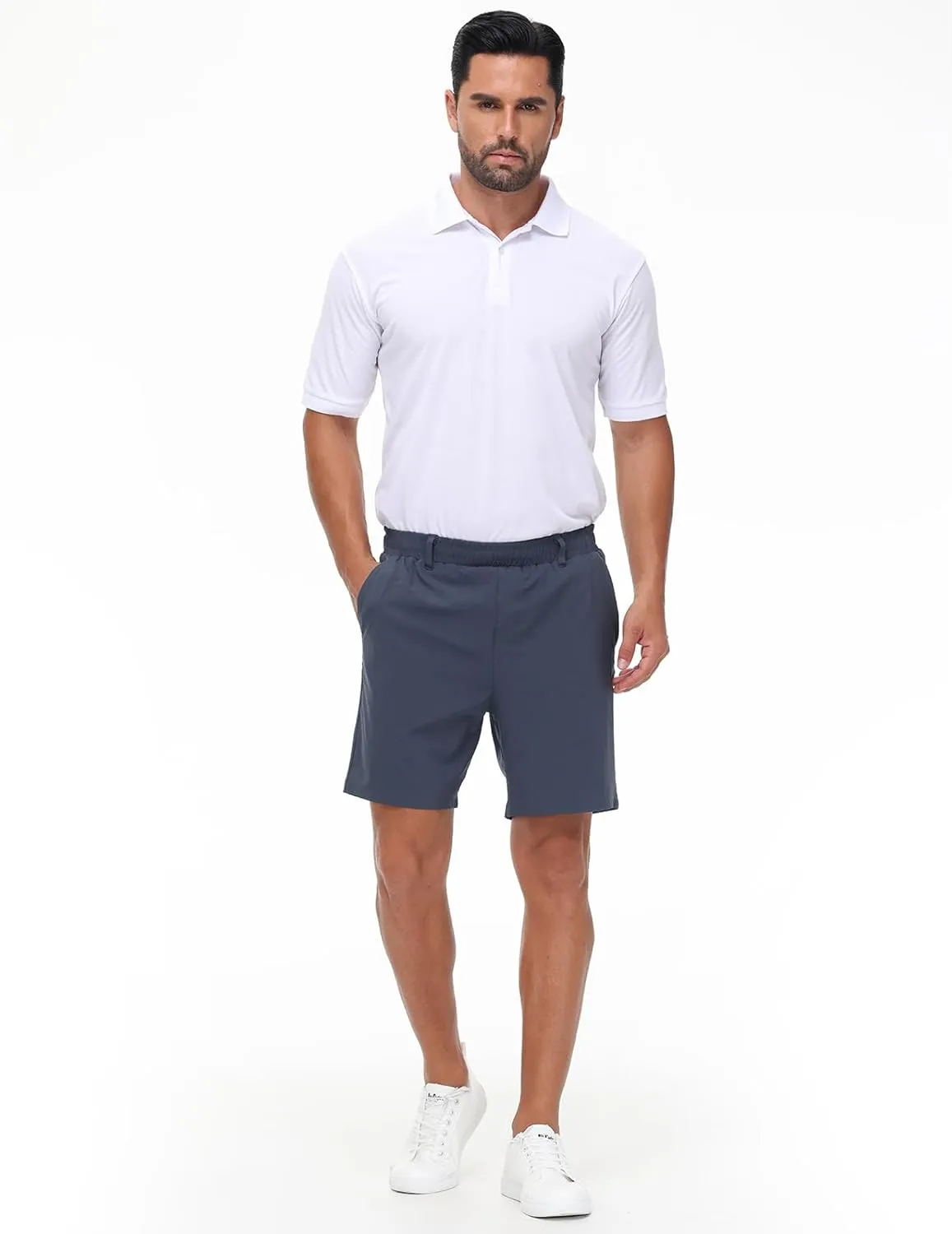 Mens Casual Khaki Golf Shorts 7 Inch Inseam Regular Fit Built-in Liner Stretch Elastic Waistband Zipper Pockets No Pill