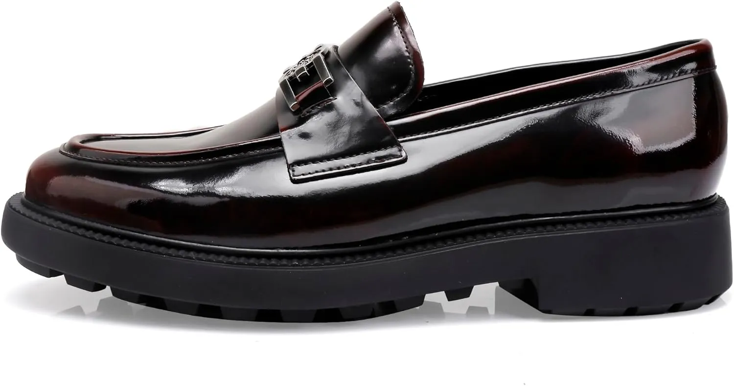 Mens Casual Leather Black Dress Loafer Shoes, Fashion Classic Buckle Slip-on Penny Party Shoes Wedding Loafers for Mens