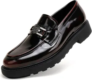 Mens Casual Leather Black Dress Loafer Shoes, Fashion Classic Buckle Slip-on Penny Party Shoes Wedding Loafers for Mens