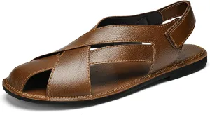 Men's Genuine Leather Strappy Cutout Back Hook and Loop Flat Sandals Closed-Toe Soft Sole Slip On Non-Slip Beach Sandals for Outdoor Hiking Traveling