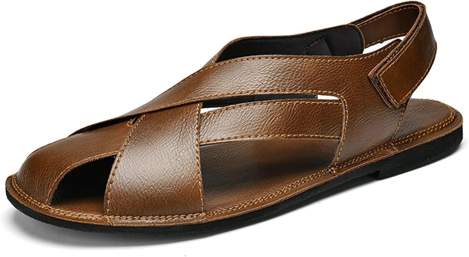 Men's Genuine Leather Strappy Cutout Back Hook and Loop Flat Sandals Closed-Toe Soft Sole Slip On Non-Slip Beach Sandals for Outdoor Hiking Traveling