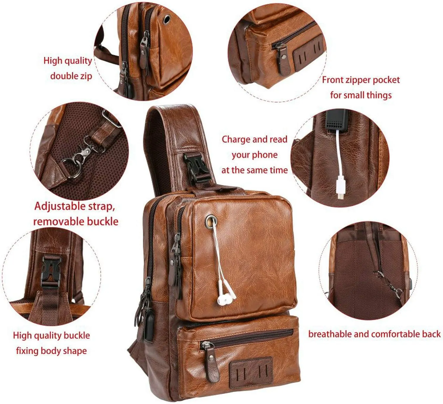 Men's Lightweight PU Leather Sling Bag - Breathable Crossbody Pack with USB Charging Port & 6 Pockets, Easy Access Organizer for Tablet/Gym Essentials - Commute, Travel, Work(Brown)